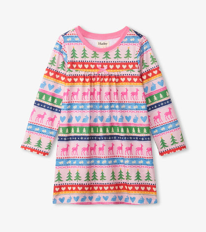 Pink Painted Fairisle Long Sleeve Girls Nightgown