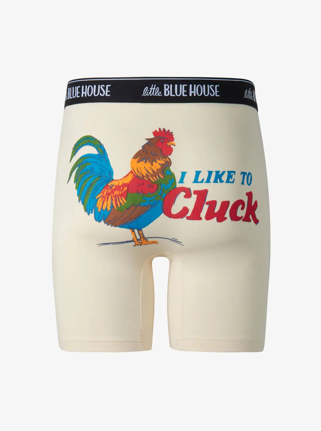 Shop boxer briefs. Showing cream boxer briefs with a colorful rooster graphic. With "I Like to Cluck" text.