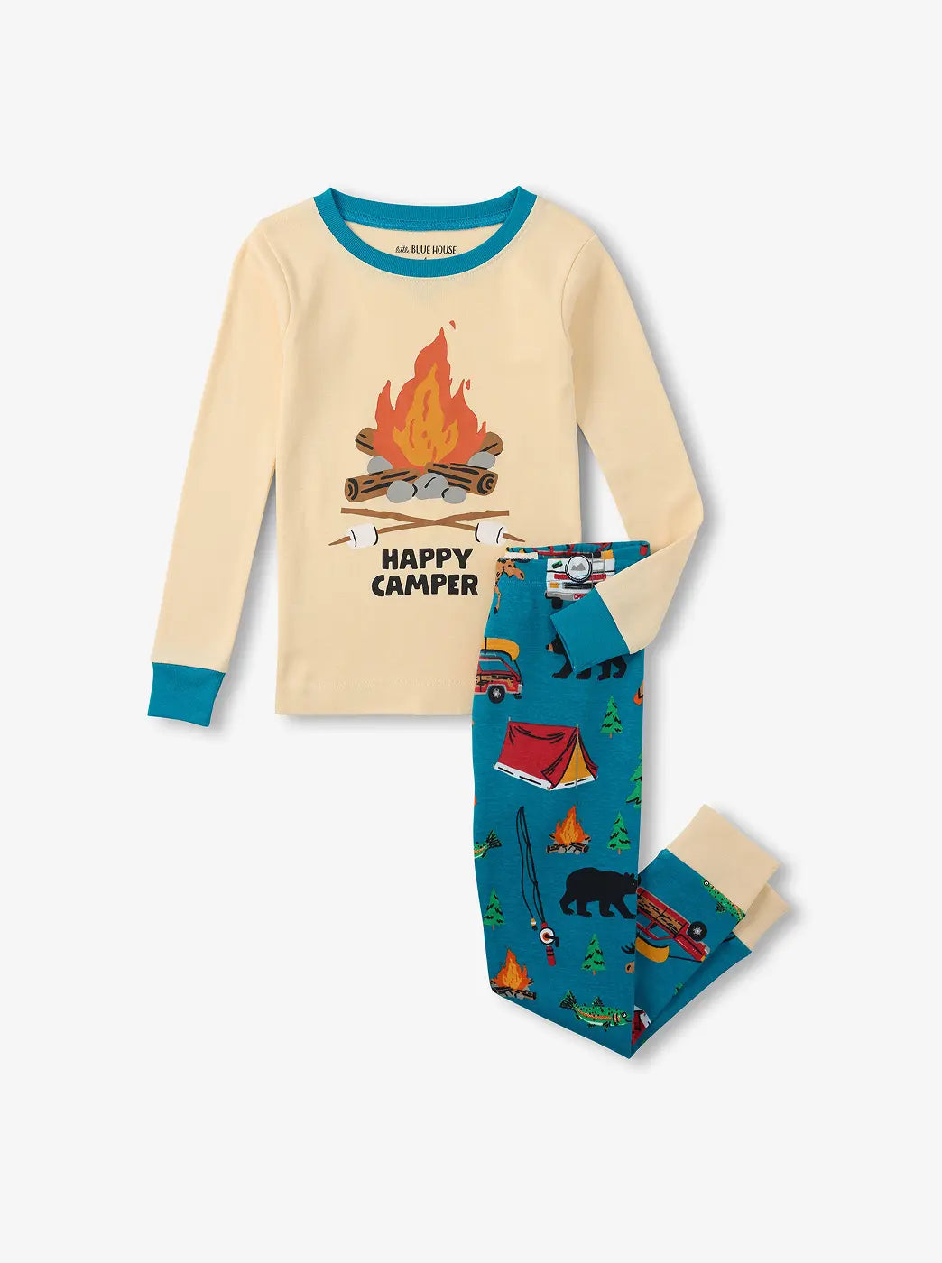 Shop kids clothing. Showing cream campfire graphic pajama top with blue printed pants. With "Happy Camper" text.