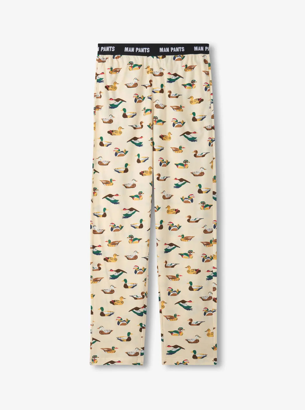 Cream lounge pants with allover duck print and black logo waistband
