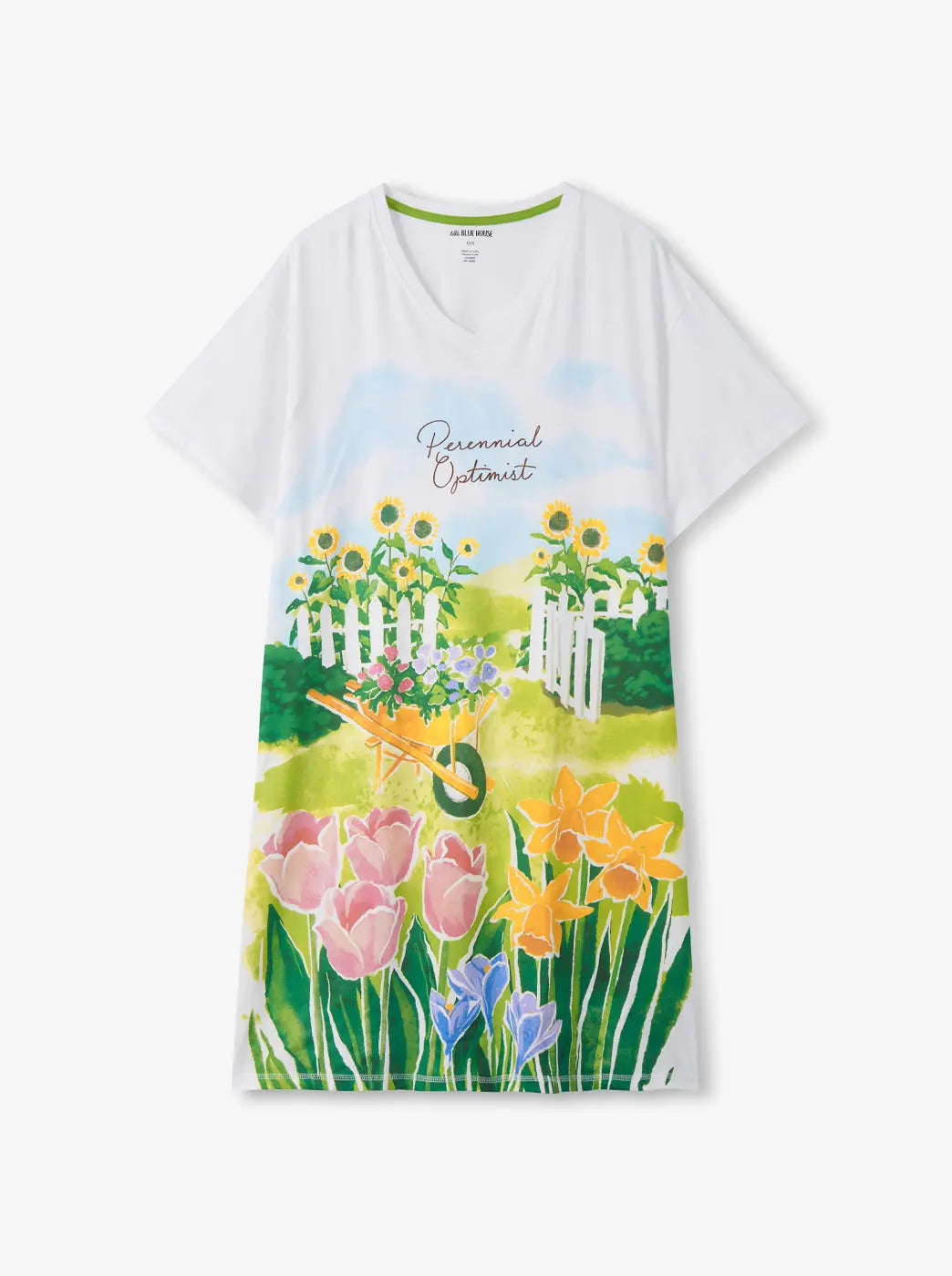 Shop sleepshirts collection. Showing white sleepshirt with colorful garden illustration. With "Perennial Optimist" text.