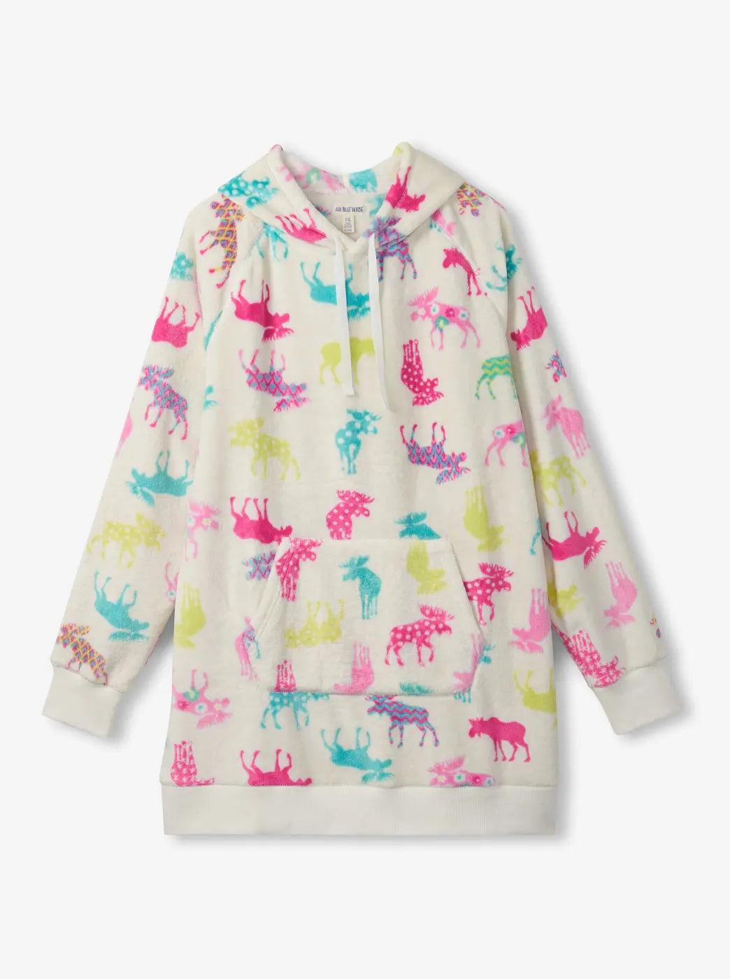 Cream pullover hoodie with bright pink, blue, and yellow animal print and front pocket