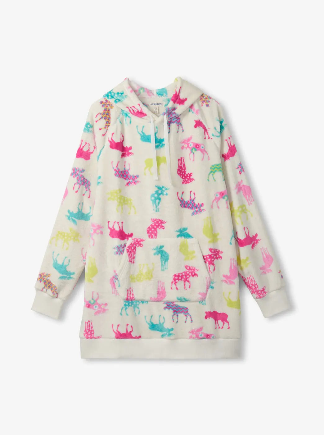 Shop women's pajamas. Showing cream hooded sleep dress with colorful animal print on a white background.
