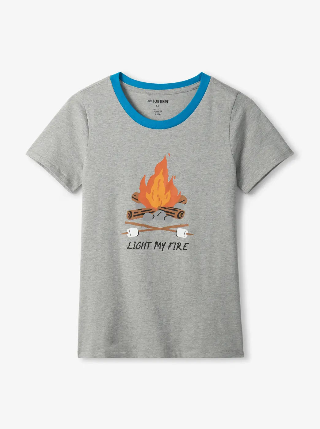 Shop women's pajama tops. Showing heather gray short-sleeve pajama tee with a campfire graphic and blue crew neckline.