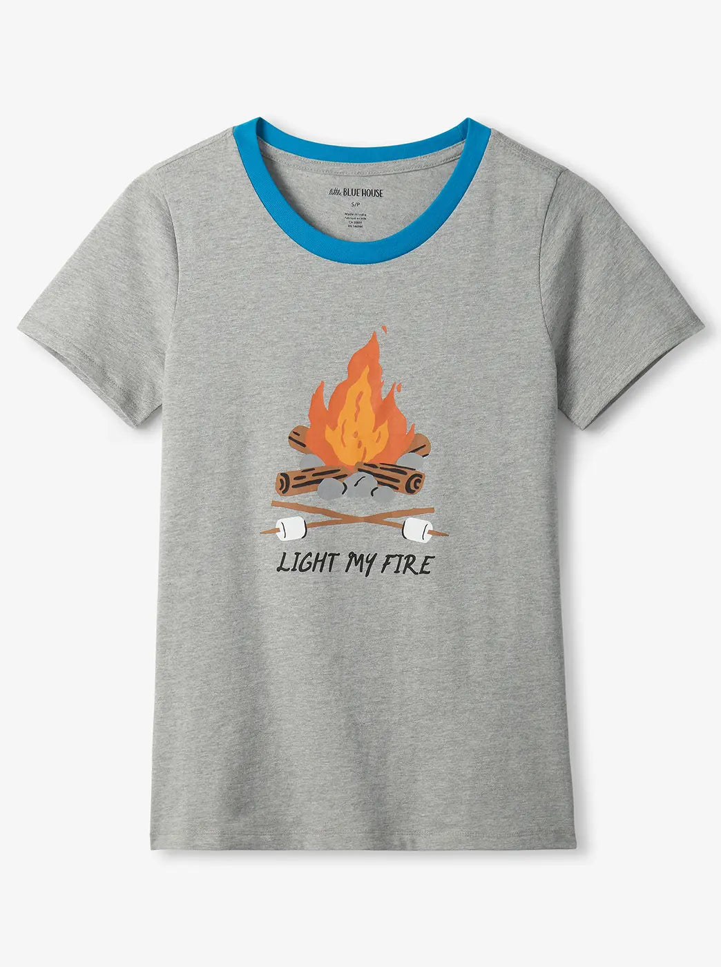 Shop all women's pajama tops. Showing gray short-sleeve pajama tee with blue trim and a campfire graphic.