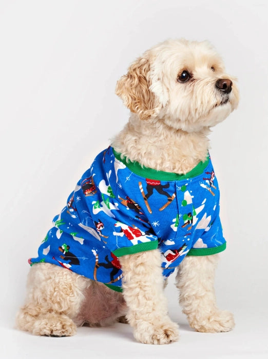 Shop pet gifts or holiday pet apparel. Showing small cream dog wearing a bright blue winter-print pajama outfit.