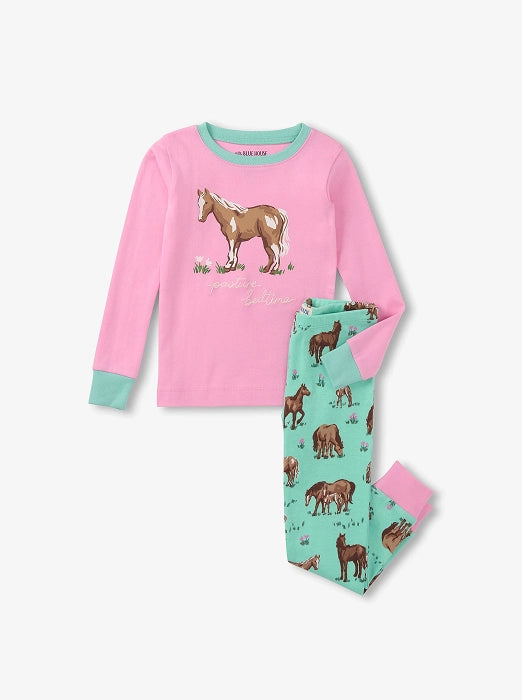 Promotes kids and baby sale items. Showing pink and aqua horse-print kids pajama set on a plain background.