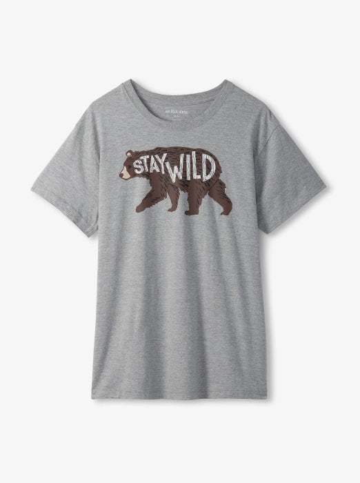Promotes the men's sale collection. Showing gray graphic t-shirt with a bear and the words stay wild.
