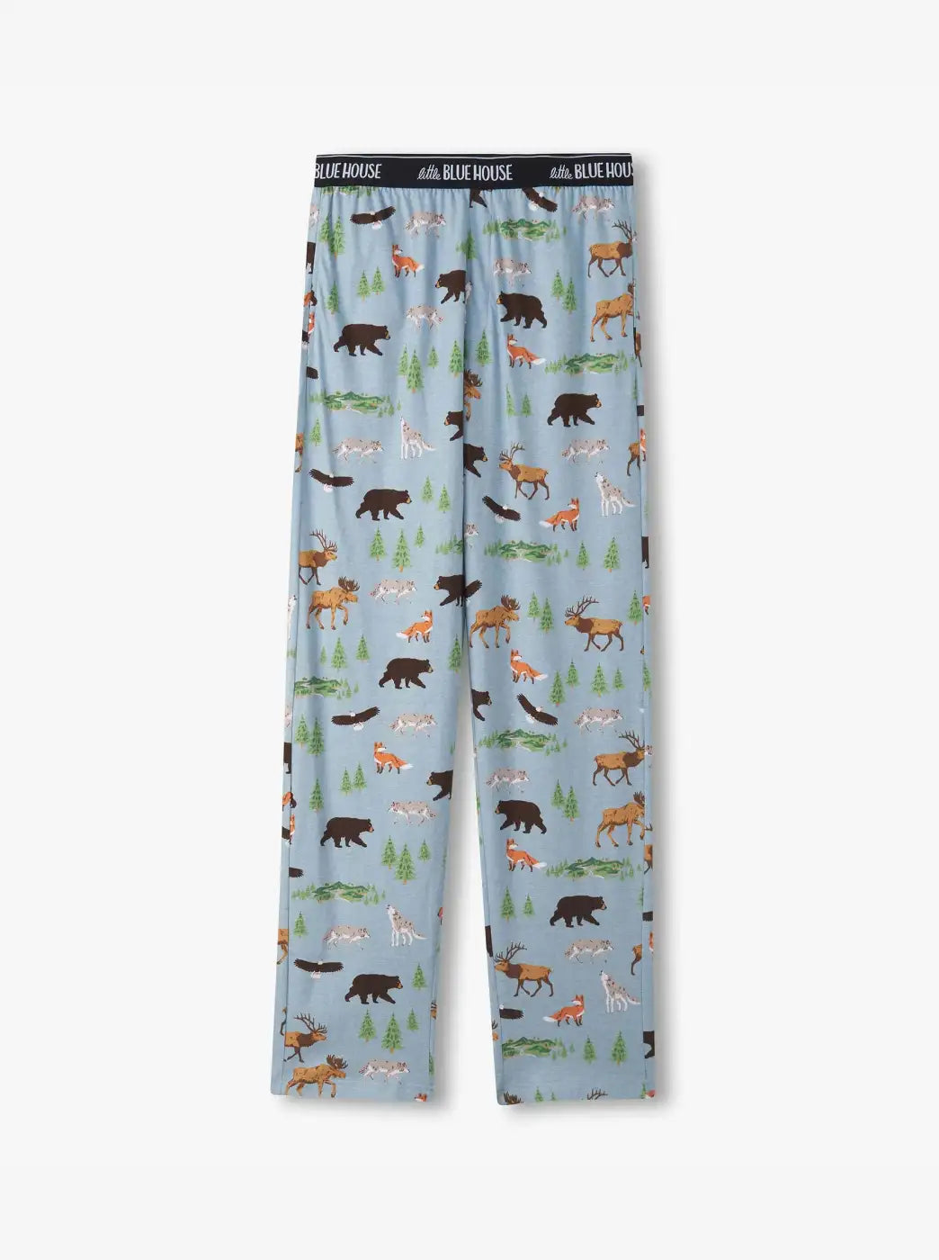 Light blue pajama pants with an allover woodland animal print