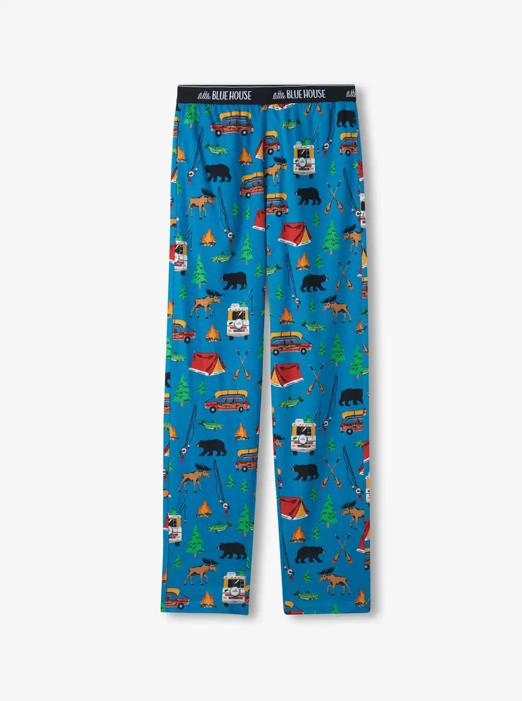 Blue men's pajama pants with camping print of bears, moose, tents, campfires and vehicles