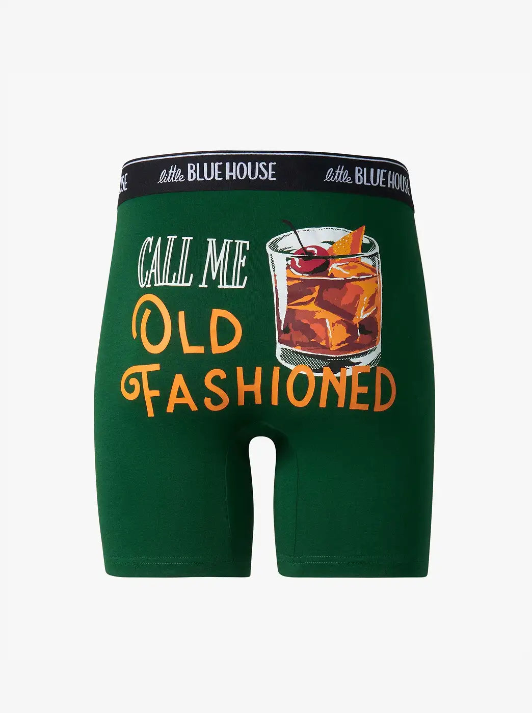 Green men's boxer briefs with a cocktail graphic and 'Call Me Old Fashioned' text