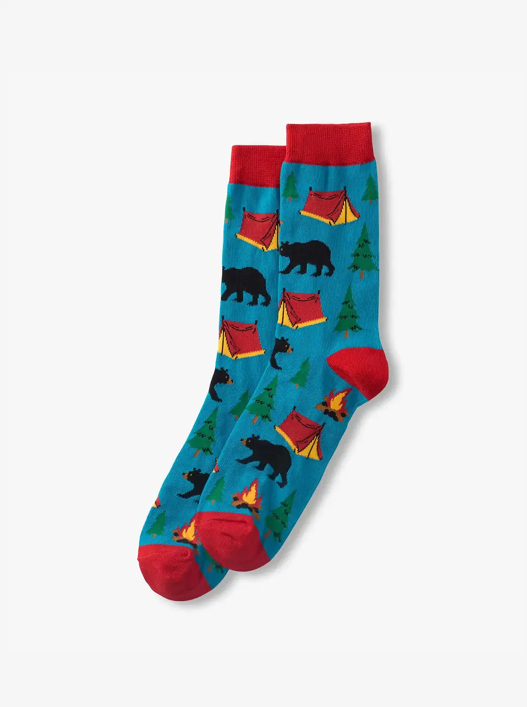 Shop men's socks. Showing blue crew socks with camping, bear, tree, and campfire pattern.