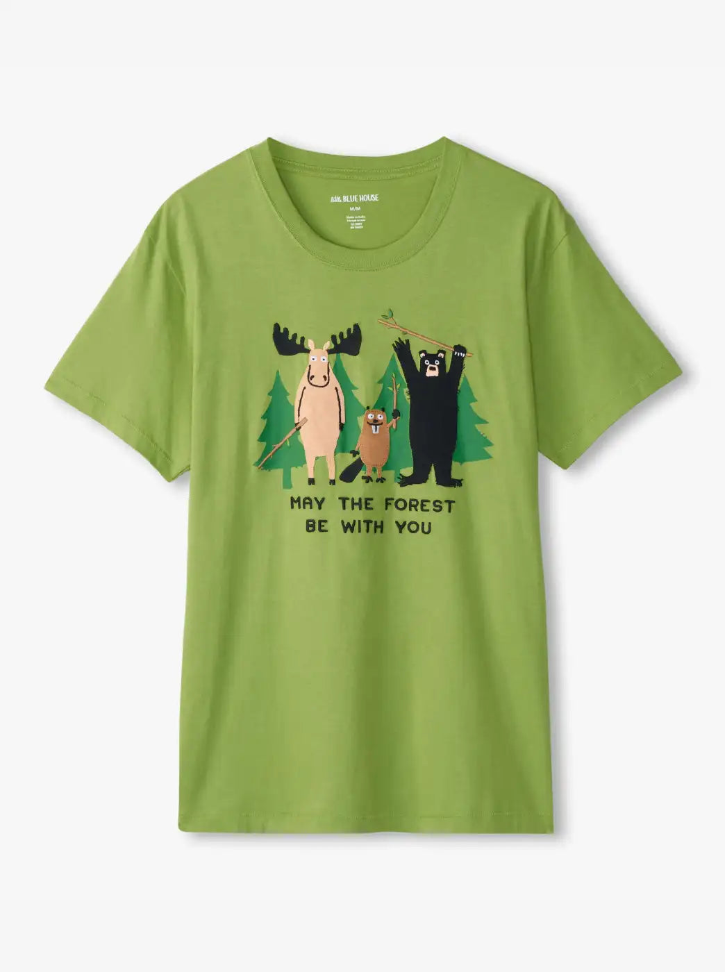 Promotes Father's Day gifts collection. Showing green graphic t-shirt with moose, beaver, and bear woodland design.