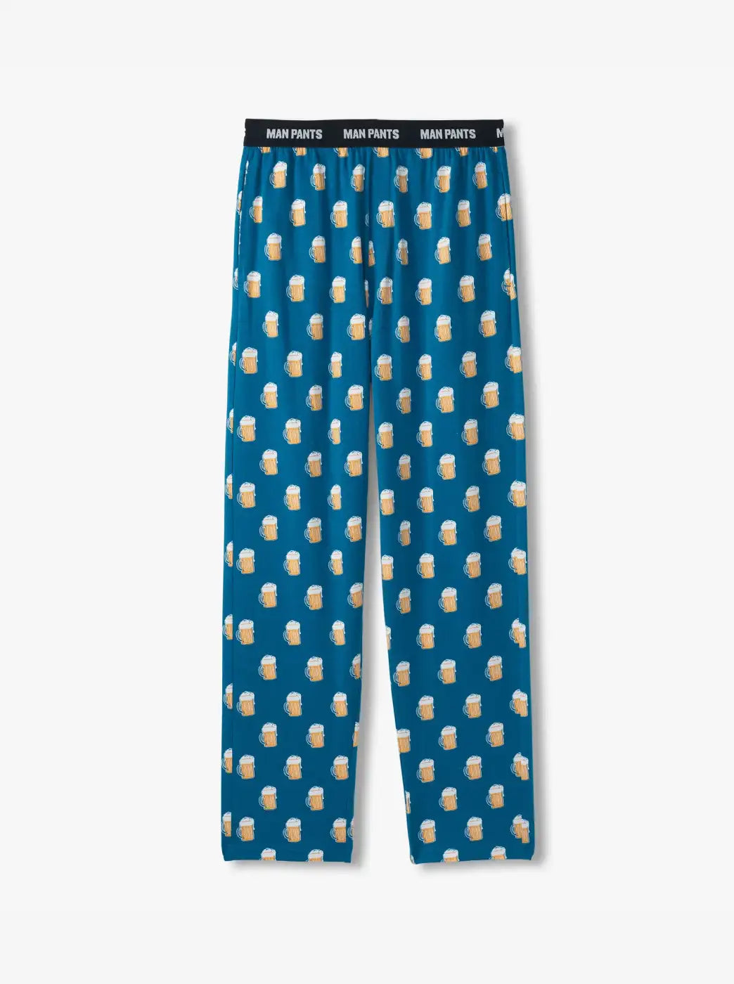 Promotes Father's Day gifts collection. Showing blue pajama pants with a beer mug print.
