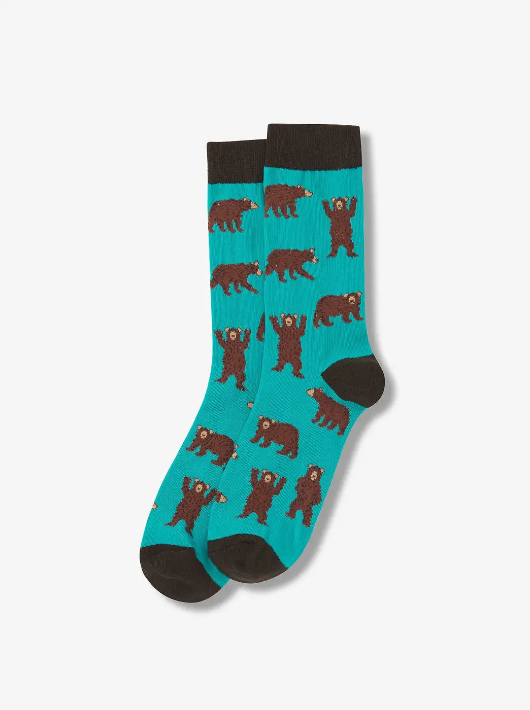 Shop Father's Day gift socks. Showing turquoise crew socks with brown bear pattern. With 