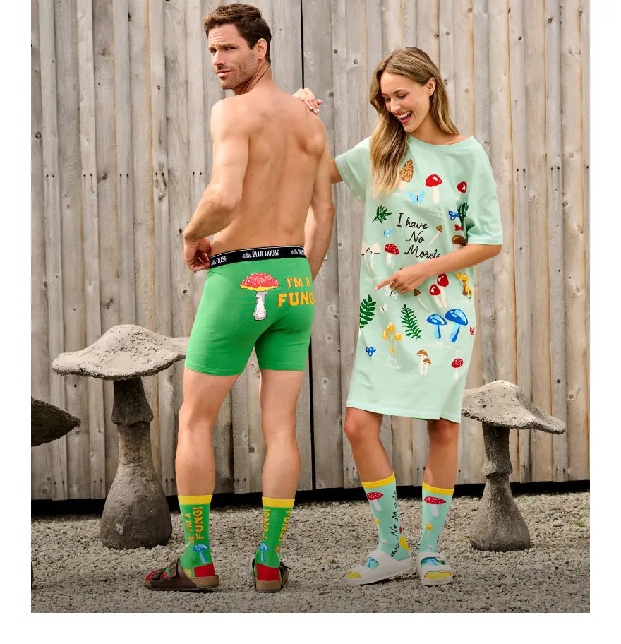 Promotes matching novelty sleepwear for him and her.