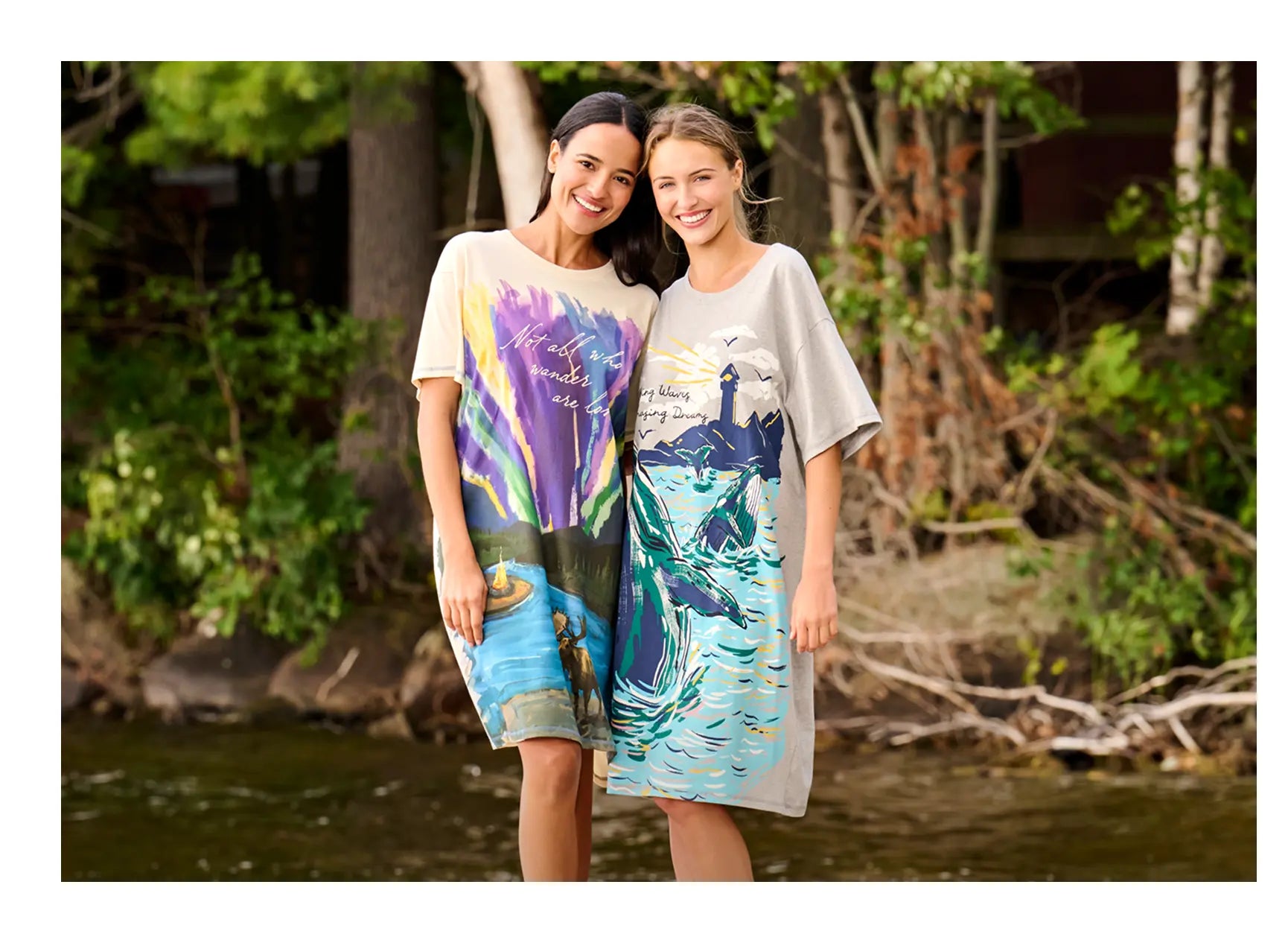 Promotes printed pajama-style lounge dresses.