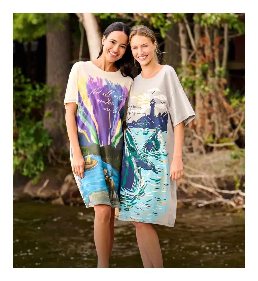 Promotes printed casual dresses or oversized T-shirt dresses.
