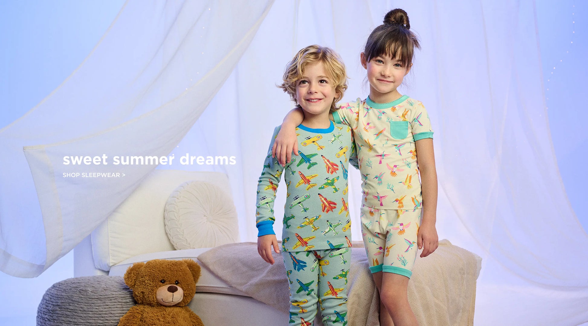 Promotes kids sleepwear shopping. With "sweet summer dreams" text.